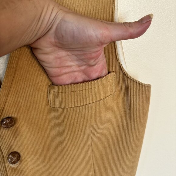 Vintage Corduroy Mens Vest 1970s Tan Satin Back & Button Front Pockets Medium - Picture 8 of 8